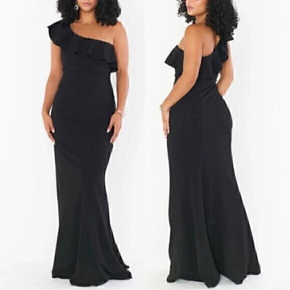 Show Me Your Mumu One Shoulder Maxi Bridesmaid Dress in Black Stretch Size S NWT